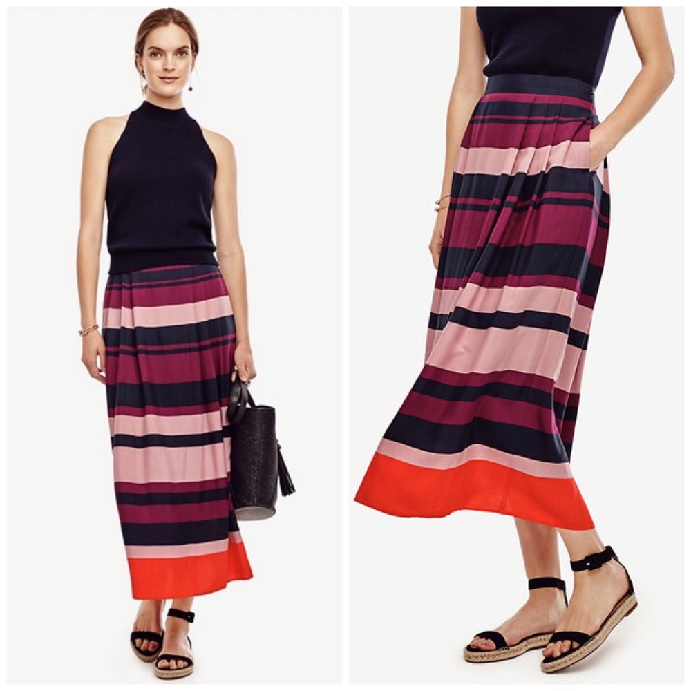 NWT Ann Taylor Pleated Striped Midi Skirt - Picture 2 of 4